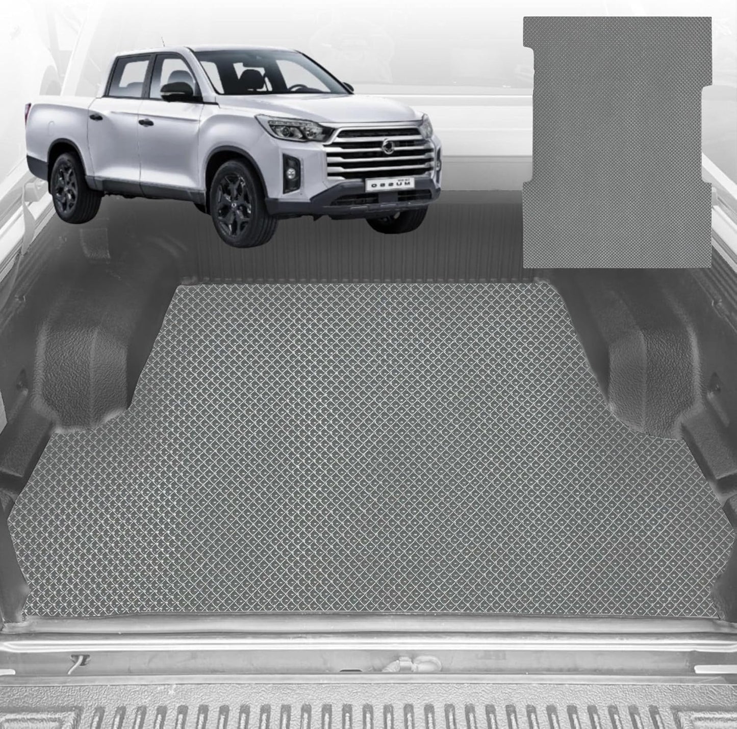 6D Diamond Ute Tub Mat for SsangYong Musso LWB Dual Cab 2018-Current (with Factory Plastic Tub Liner) - Grey