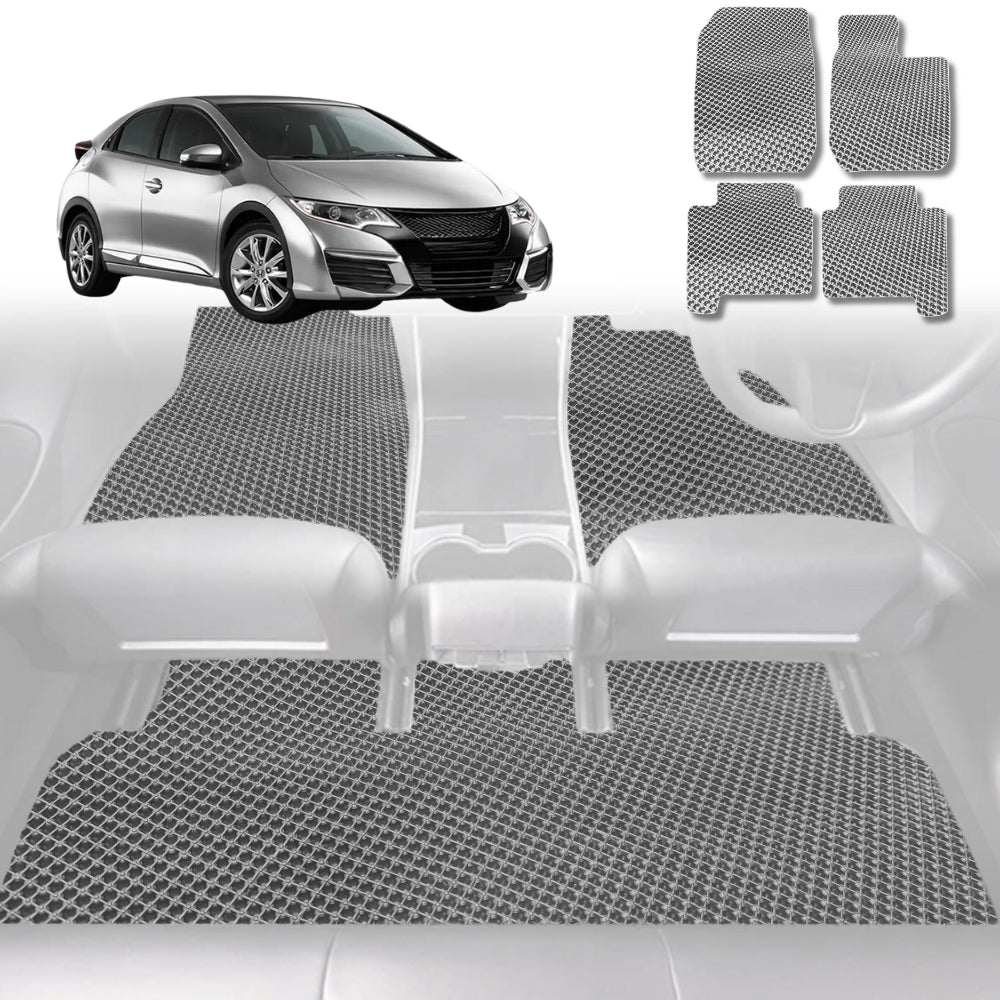 6D Diamond Car Floor Mats for Honda Civic 2012-2016 9th Gen Hatch-Full Set-Grey-Outback GT