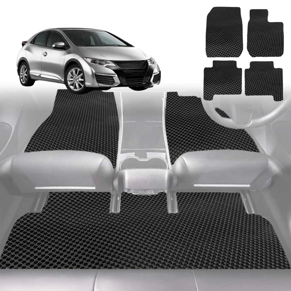 6D Diamond Car Floor Mats for Honda Civic 2012-2016 9th Gen Hatch-Full Set-Black-Outback GT
