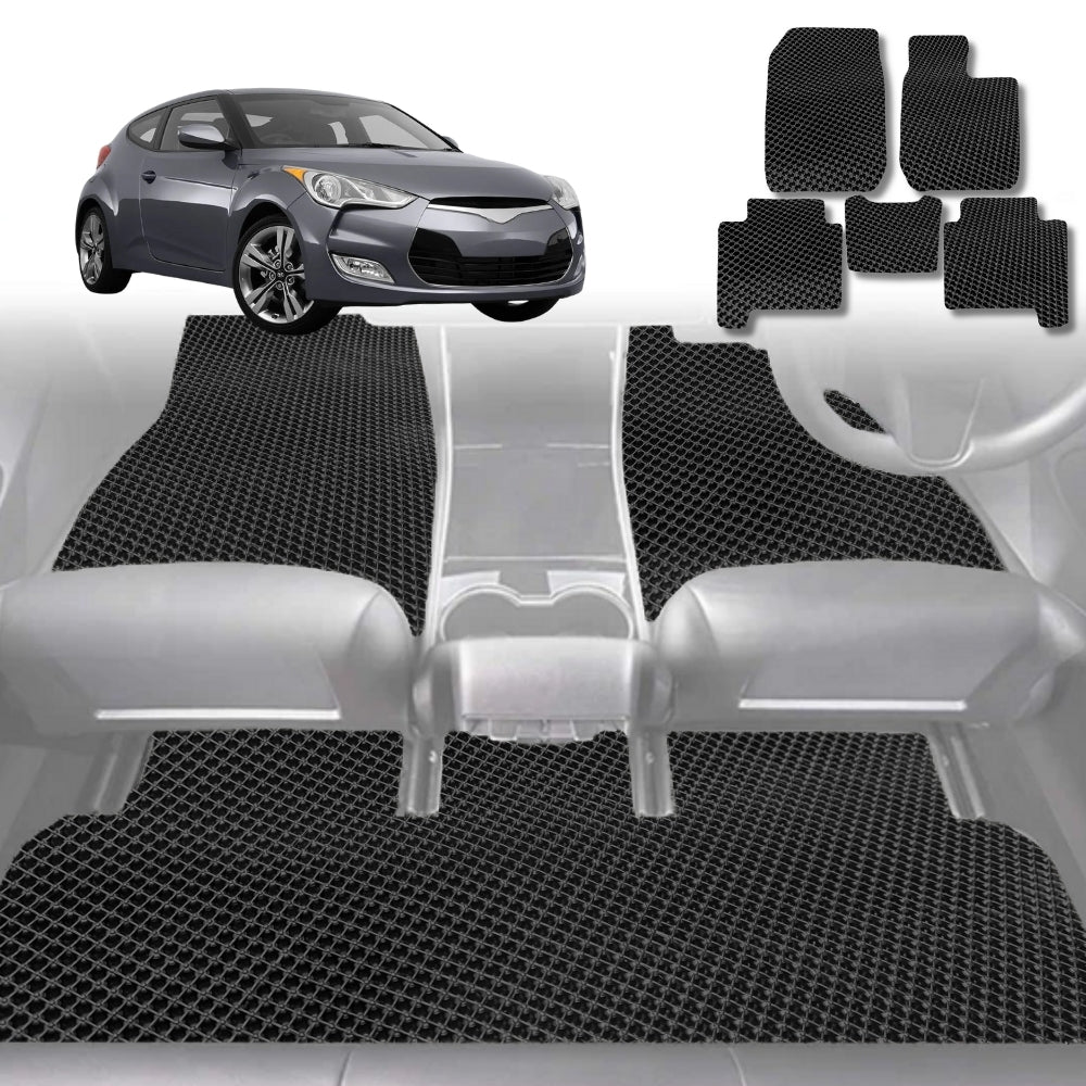 6D Diamond Car Floor Mats for Hyundai Veloster 2011-2018-Full Set-Black-Outback GT