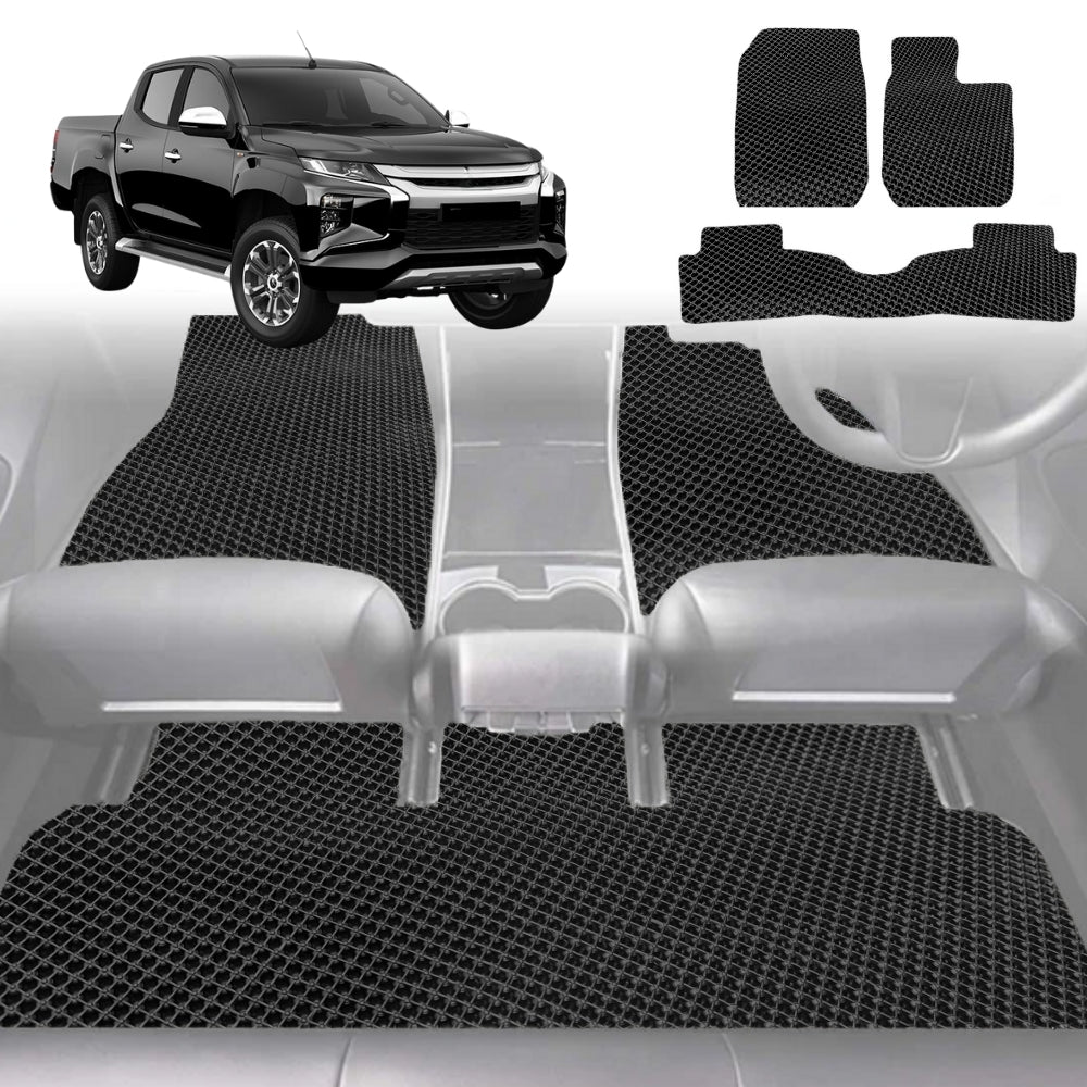 6D Diamond Car Floor Mats for Mitsubishi Triton Double Cab 2015-2023-Full Set-Black-Outback GT