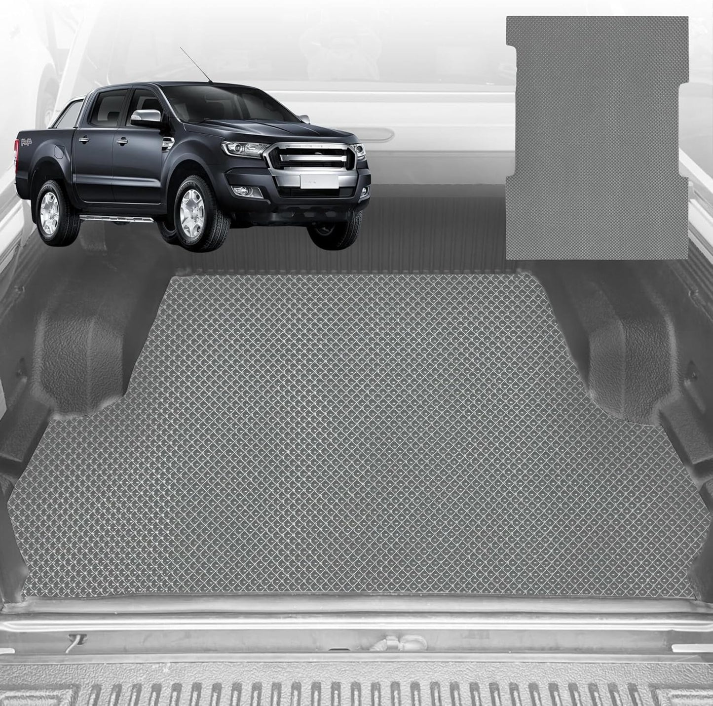 6D Diamond Ute Tub Mat for Ford Ranger (PX Dual Cab Ute) 2012-2015 (with Plastic tub Liner) - Grey
