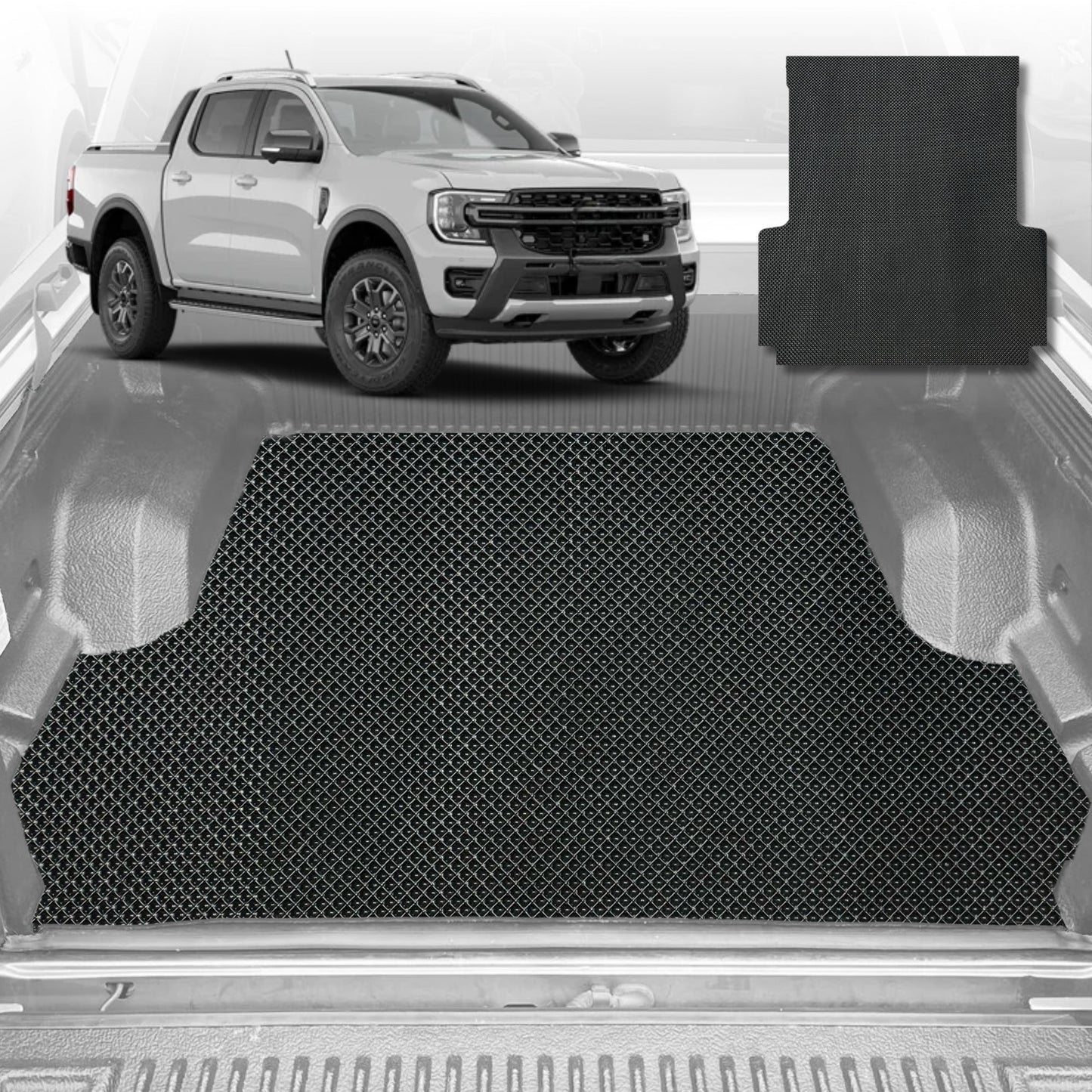 6D Diamond Ute Tub Mat for Ford Ranger (PX3 Dual Cab Ute) 2018-2022 (with plastic tub liner)-Black-Outback GT