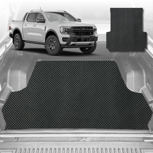 6D Diamond Ute Tub Mat for Ford Ranger (PX3 Dual Cab Ute) 2018-2022 (with plastic tub liner)-Black-Outback GT