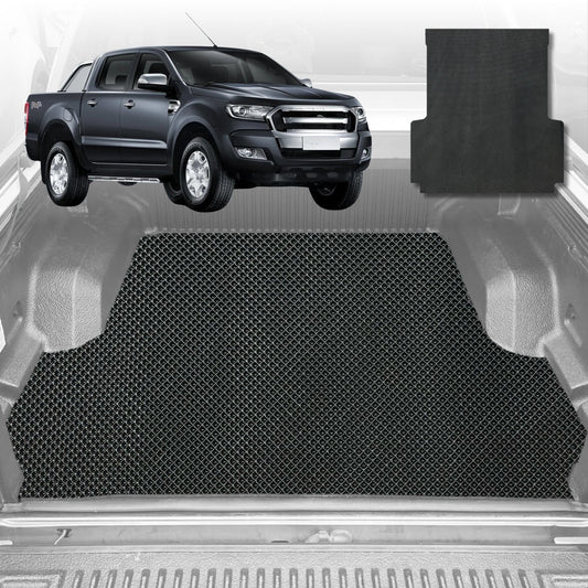 6D Diamond Ute Tub Mat for Ford Ranger (PX Dual Cab Ute) 2012-2015 (with plastic tub liner)-Black-Outback GT