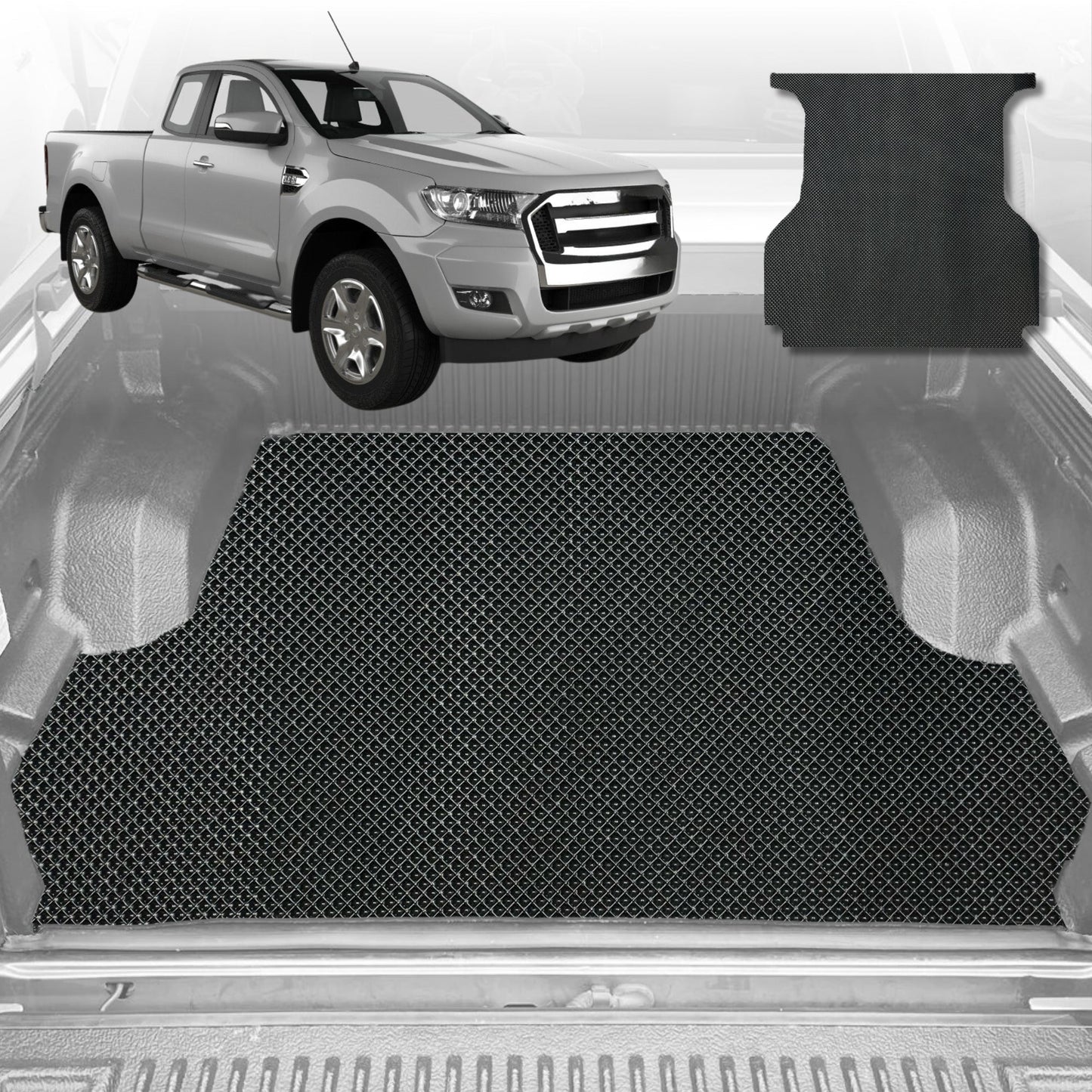 6D Diamond Ute Tub Mat for Ford Ranger (PX Dual Cab Ute) 2012-2015 (with spray on liner or no liner)-Black-Outback GT