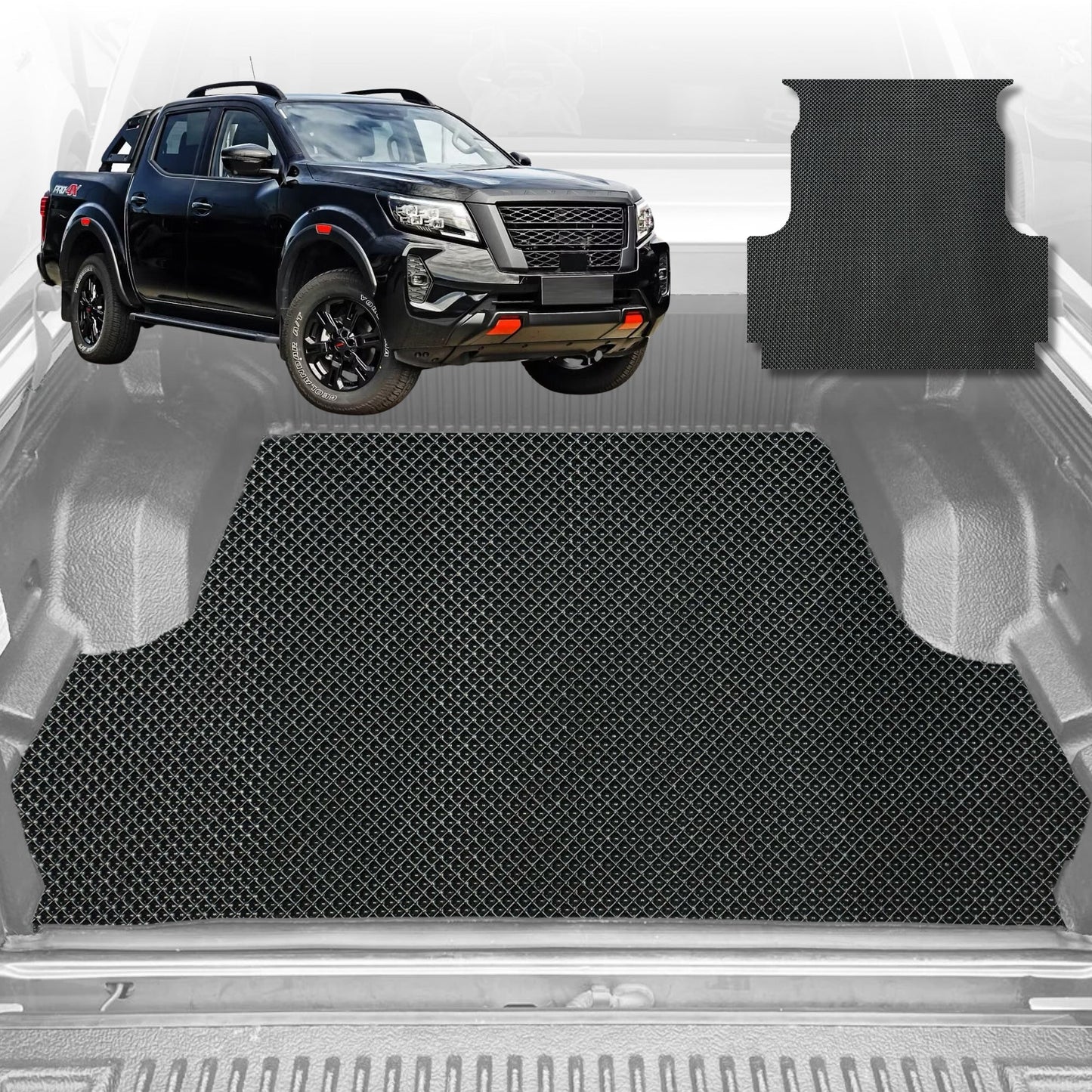 6D Diamond Ute Tub Mat for Nissan Navara Dual Cab Pro-4X 2022-Current (with factory plastic tub liner)-Black-Outback GT
