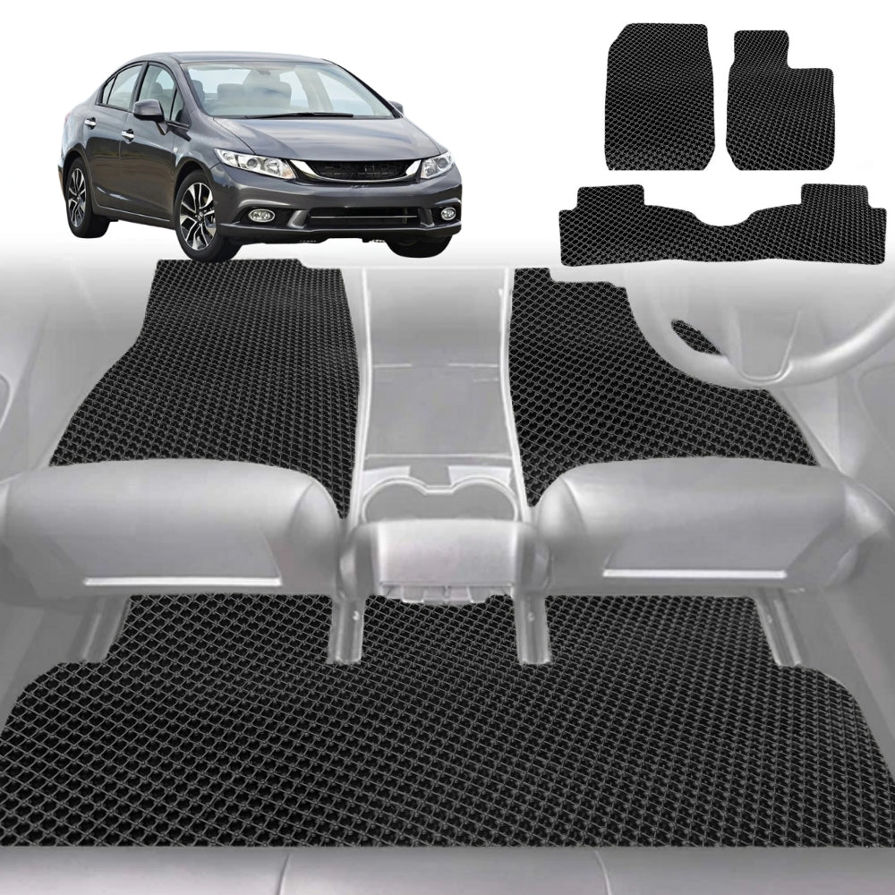 6D Diamond Car Floor Mats for Honda Civic 2012-2016 9th Gen Sedan-Full Set-Black-Outback GT