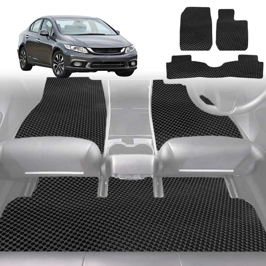 6D Diamond Car Floor Mats for Honda Civic 2012-2016 9th Gen Sedan-Full Set-Black-Outback GT