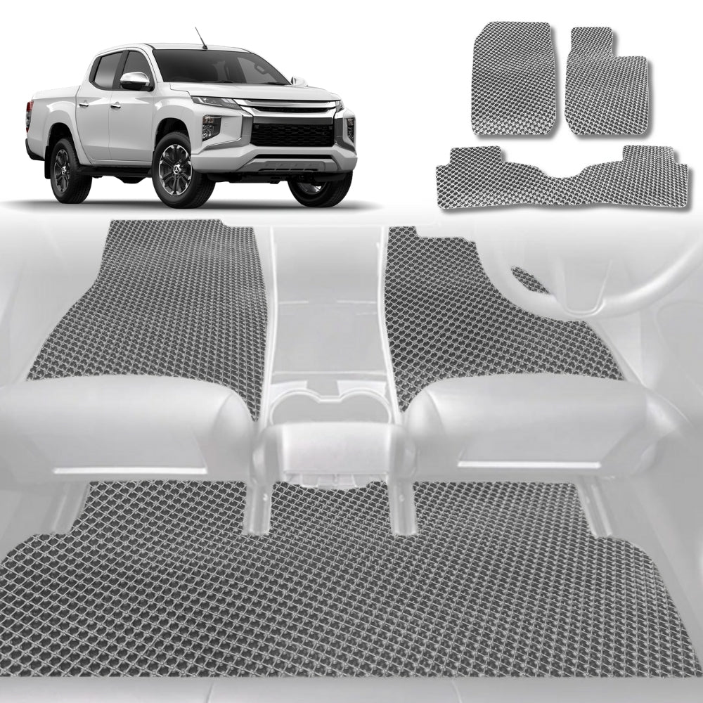 6D Diamond Car Floor Mats for Mitsubishi Triton Club Cab 2015-2023-Full Set-Grey-Outback GT