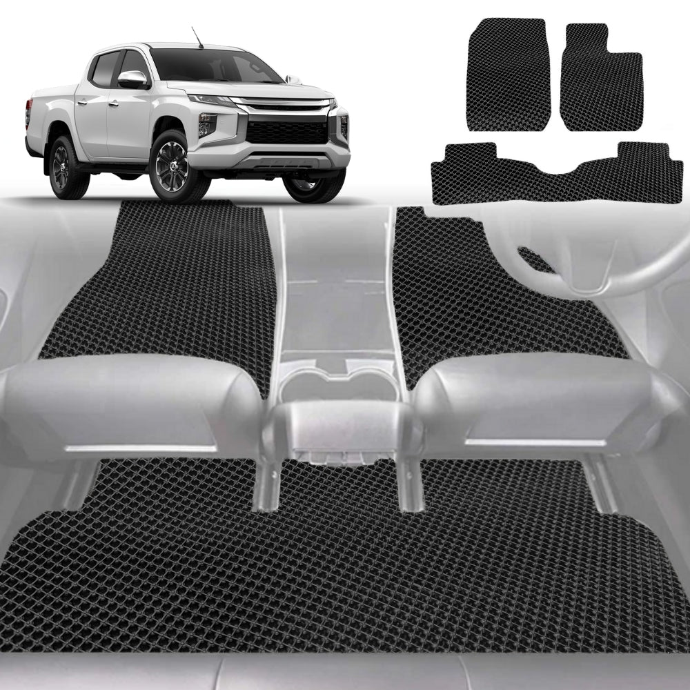 6D Diamond Car Floor Mats for Mitsubishi Triton Club Cab 2015-2023-Full Set-Black-Outback GT