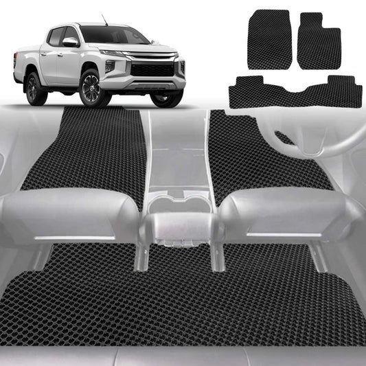6D Diamond Car Floor Mats for Mitsubishi Triton Club Cab 2015-2023-Full Set-Black-Outback GT