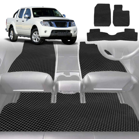 6D Diamond Car Floor Mats for Nissan Navara Dual Cab 2005-2014-Full Set-Black-Outback GT