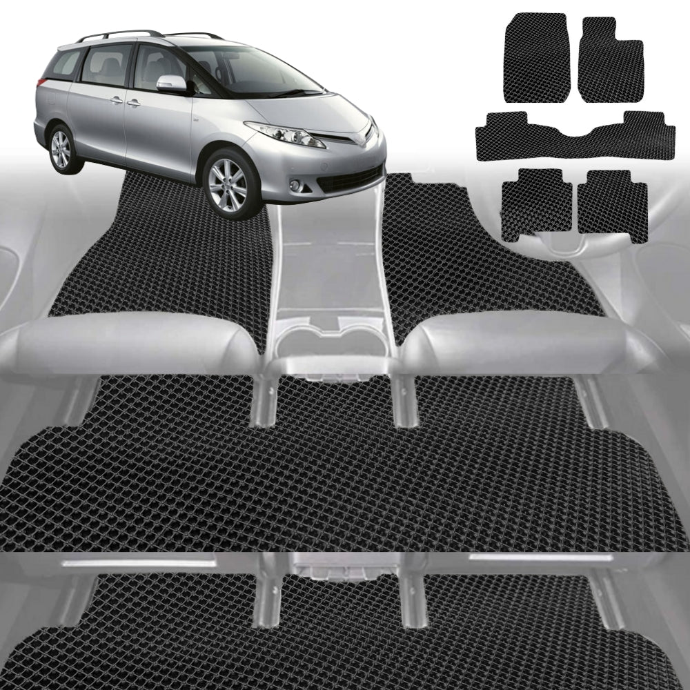 6D Diamond Car Floor Mats for Toyota Tarago 2006-2020-8 Seater-Ultimate Set-Black-Outback GT