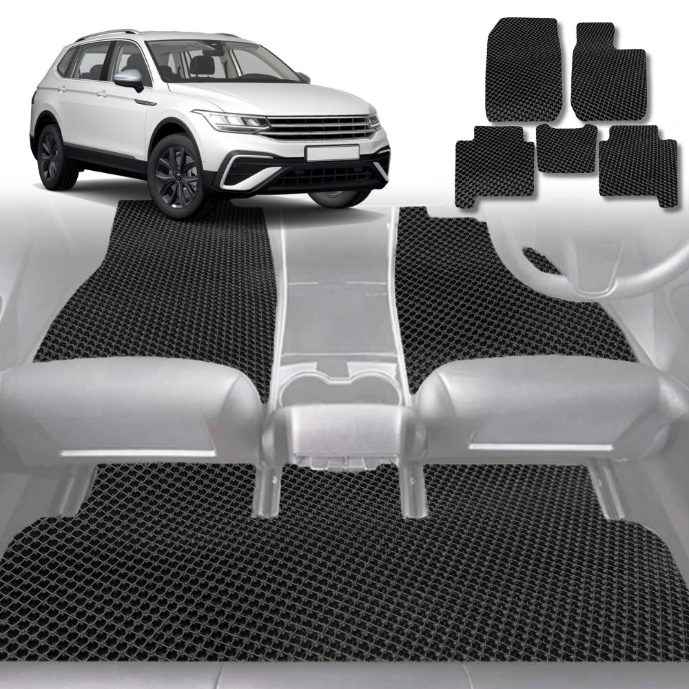 6D Diamond Car Floor Mats for VolksWagen Tiguan 2016-2023 (Life, Elegance, R, R-Line) Full Set-Black-Outback GT